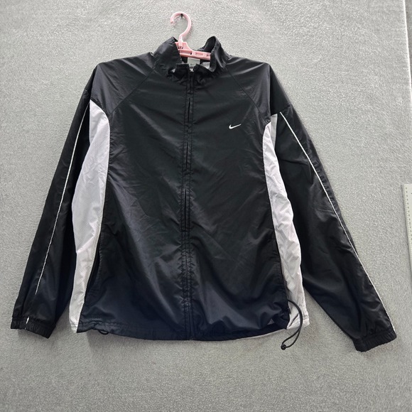VINTAGE Nike Men Jacket XL Black Windbreaker Full Zip Mini Swoosh Embroidered - Picture 1 of 14